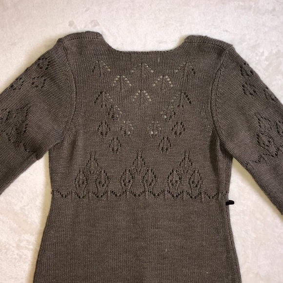 Mocha Brown Knit Bow V-Neck Long Sleeve Sweater Dress - Picture 5 of 6